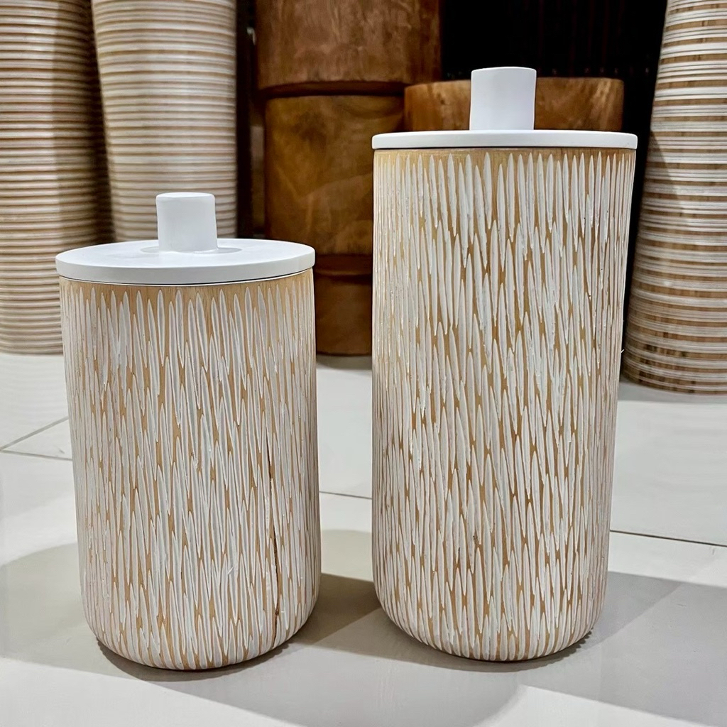 โหลไม้มะม่วง มีฝาปิด ทรงกระบอกสูง สีขาวเซาะลาย ขนาด 4.5”x8” และ 4.5“x10”