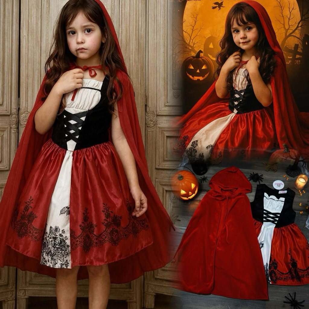 🧛‍♀️ พร้อมส่งจากไทย💗ชุดฮาโลวีน เซทเดรส+ผ้าคลุม หนูน้อยHalloween เดรสแดง Halloween ตามตัดเย็บเรียบร้อย งานป้ายสินค้าดี