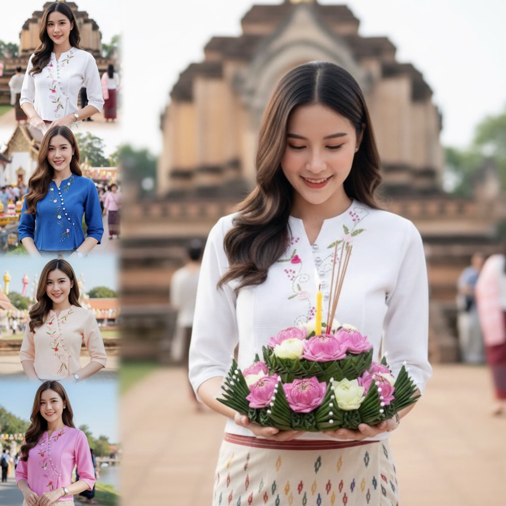 เสื้อพื้นเมืองผู้หญิงคอวีป้ายติดกระดุมเงิน9เม็ด งานปักดอกด้วยมือ