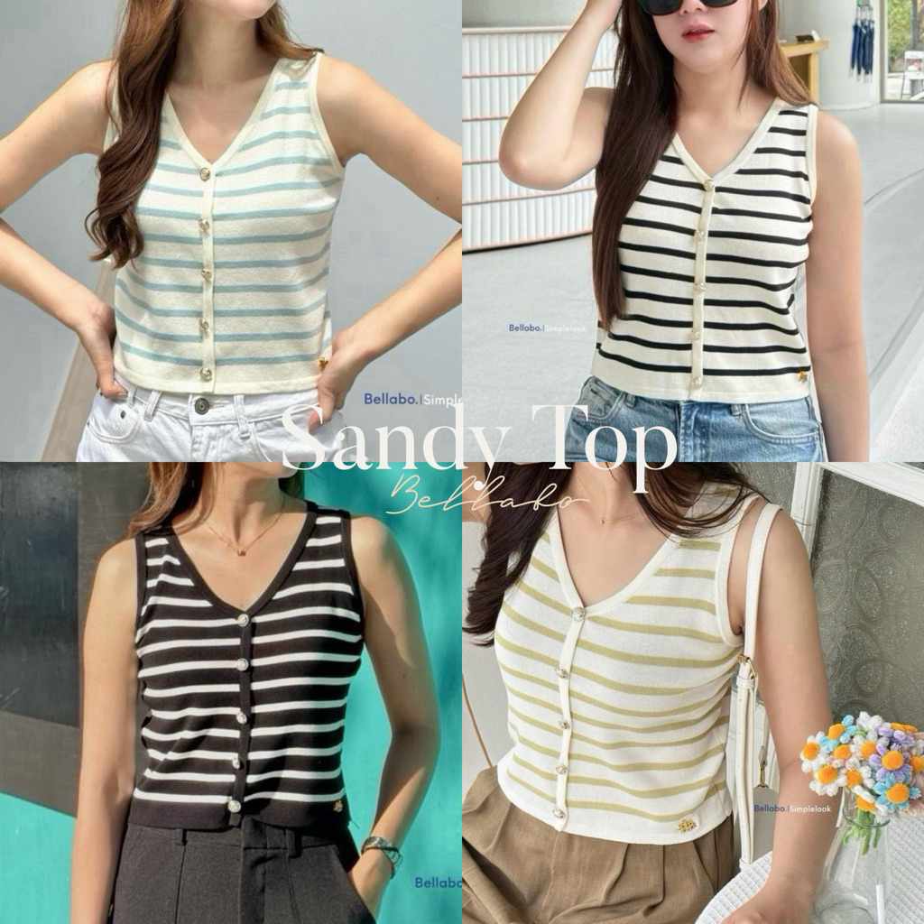 พร้อมส่ง! (BLB) เสื้อกล้ามไหมพรมลายทาง รุ่น Sandy แต่งกระดุมทอง ใส่ง่าย ใส่สบาย Everyday looks