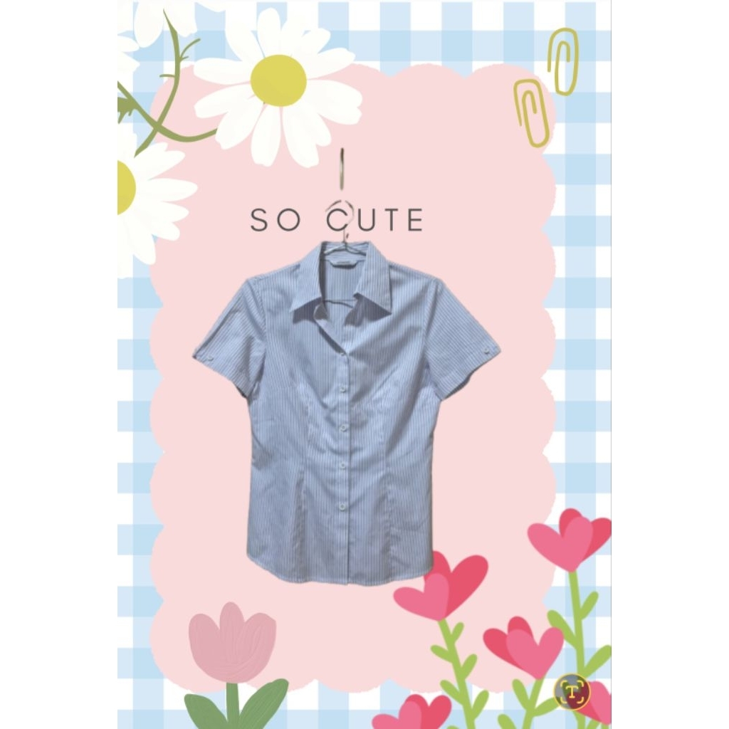 เสื้อเชิ้ตวินเทจลายทางม่วงอ่อน เสื้อผู้หญิงมือสอง สไตล์ยุค90s มินิมอลคลาสสิก Size M