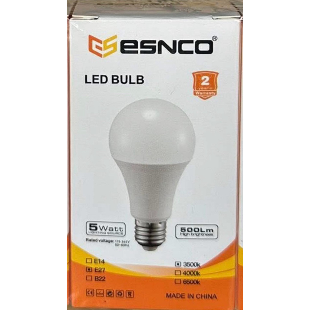 ESNCOกล่องส้ม( จัดโปร✅💯)ยกลัง100หลอดวงจรไดร์เวอร์แสงดีสว่าง หลอดไฟLED Model:A50 LED5วัตต์220-240v~50