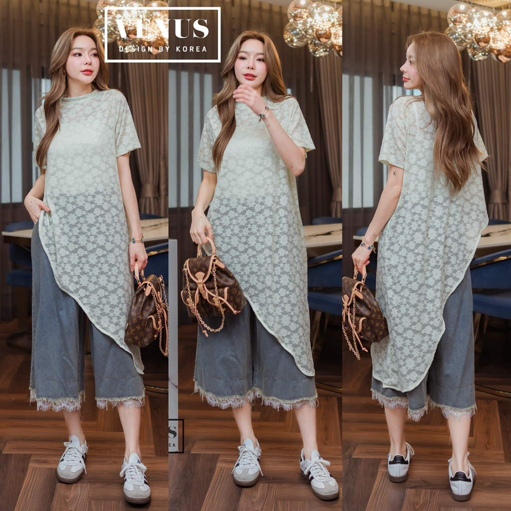 🌈🌿🌺🌸🌼🤍💙🇰🇷Lace Slant Blouse &Jeans Long Pant Set