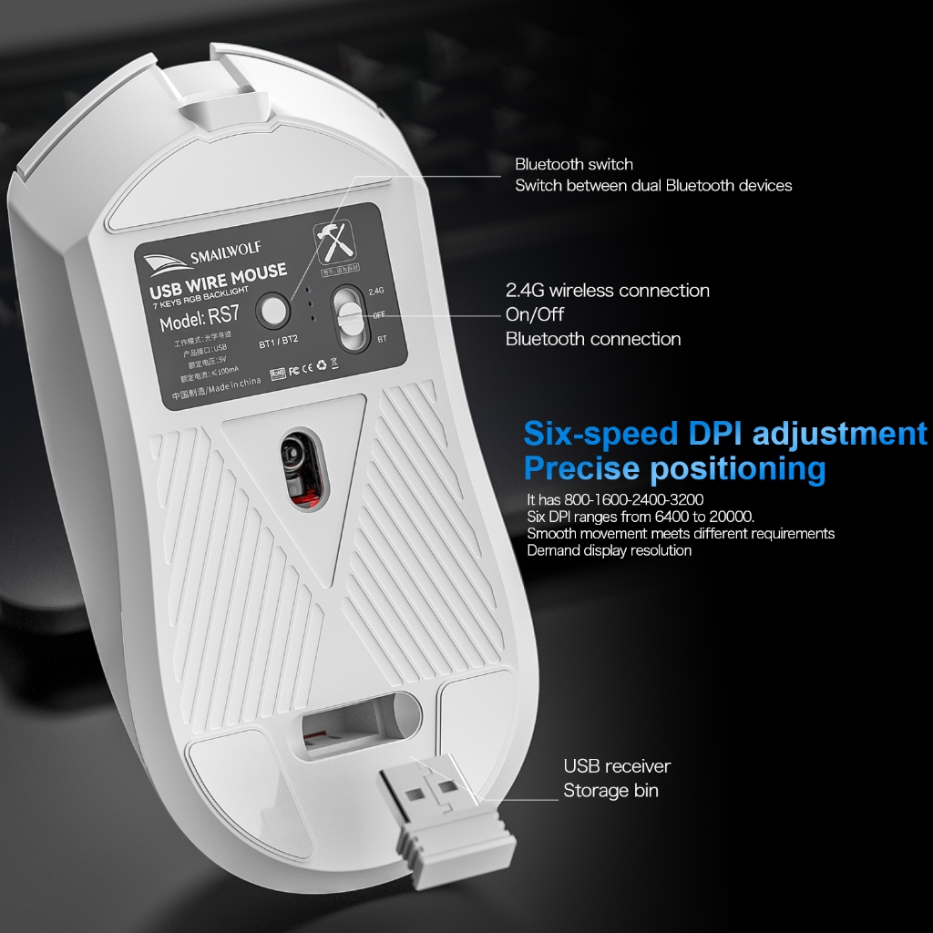 SMAILWOLF-RS7 เมาส์เล่นบลูทูธไร้สาย 2.4G+Bluetooth ผลตอบแทน 1000Hz ประเภทมือขนาดใหญ่ Wireless gaming mouse for WIN/PC