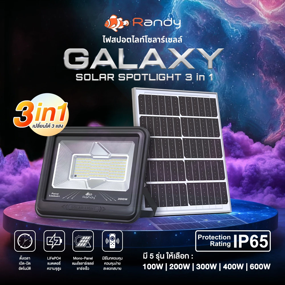 RANDY SAR LED SOLARLIGHT 3สี IP65 สว่าง18ชม.+ 365วัน สปอร์ตไลท์โซล่าเซลล์ ชาร์จไว แบตAเกรด ประกัน2ปี