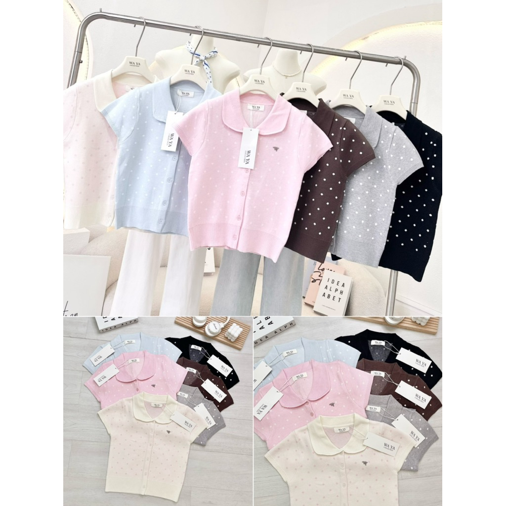 WA YA ป้ายน้องใหม่ มีแขนสั้นด้วยจ้า เสื้อผ้าไหมพรมแขนสั้นลายจุดสุดฮิต คัดติ้งมาอย่างดี เป๊ะพรีเมียม