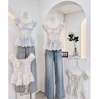 NN743 เสื้อแขนตุ๊กตาผูกโบว์อกผ้าปักฉลุ Peekanong🌷