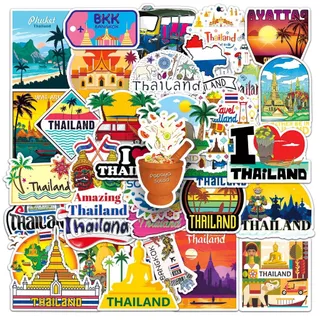 สติ๊กเกอร์ประเทศไทย 50 ชิ้น ลายกรุงเทพ ภูเก็ต สงกรานต์ วิวทิวทัศน์ กันน้ำ ไม่ซ้ำ ตกแต่งแล็ปท็อป โทรศัพท์ รถ มอเตอร์ไซค์