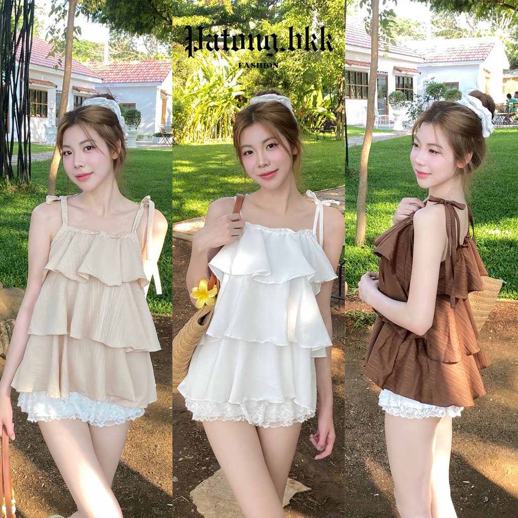 เสื้อมินนี่ เสื้อแฟชั่น สายเดี่ยวผูกโบว์ ทรงเป็นชั้นๆ สไตล์เกาหลี แมทช์ง่าย