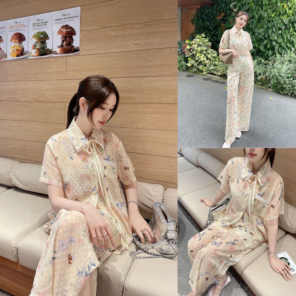 ส่งด่วน🚨 SLYQ GARDEN SHIRT & PANTS CHIFFON SET 🦋 ชุดเซ็ทเสื้อเชิ้ตแขนสั้นและกางเกงขายาว