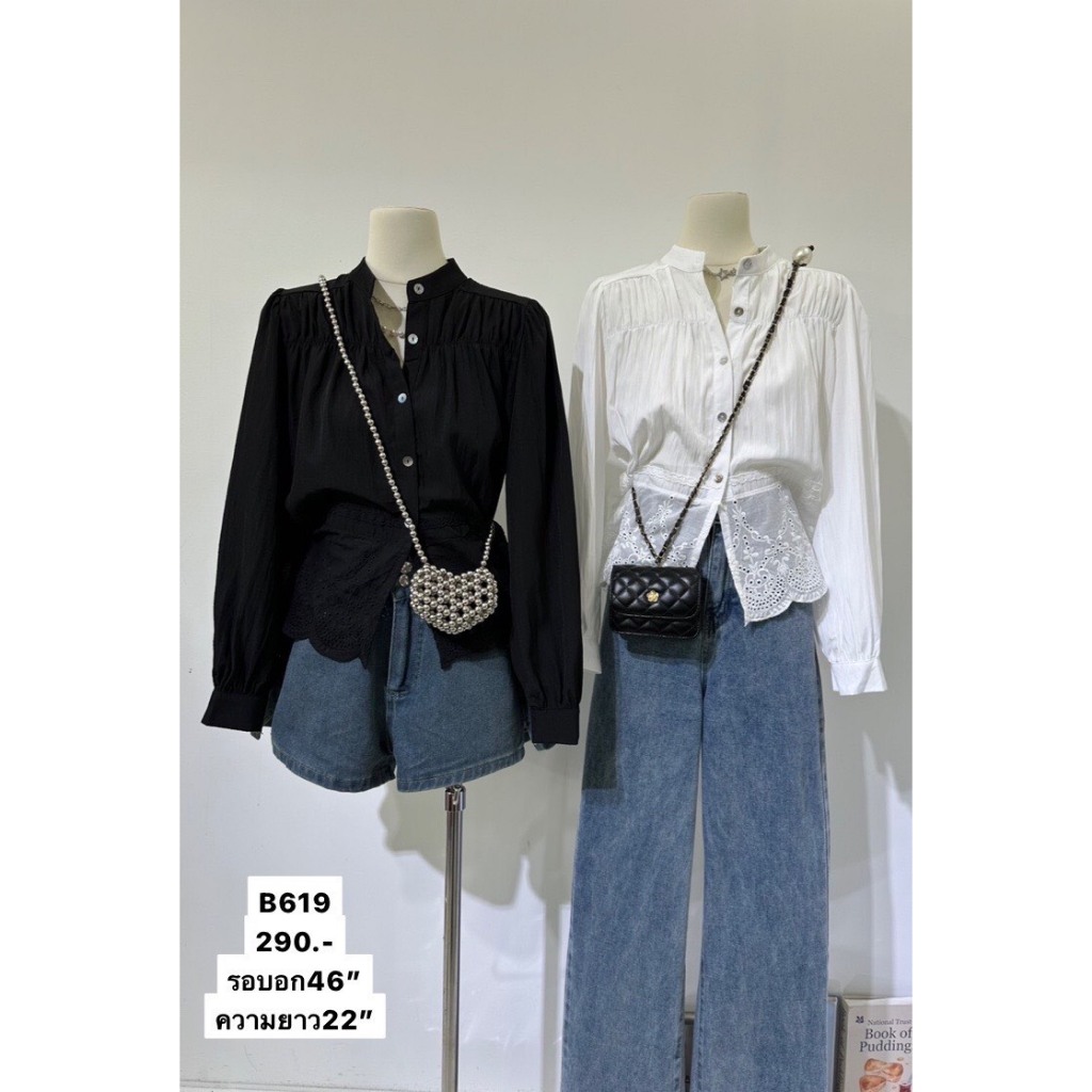 MAIKAEW #B619 เสื้อเชิ้ตแขนยาวดีเทลลูกไม้ปักหรู ดูแพงแบบผู้ดีเกาหลี