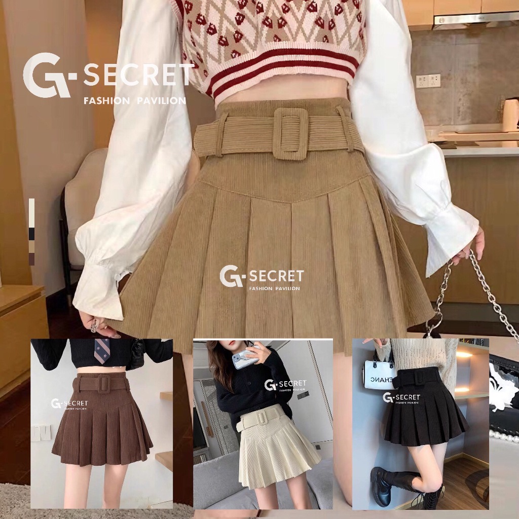 พร้อมส่ง กระโปรงลูกฟูก เอวสูง ซิปข้าง เข็มขัดผ้า จับจีบรอบตัวสีคลุมโทน แฟชั่นสไตล์ Y2K Clothing ผู้หญิง