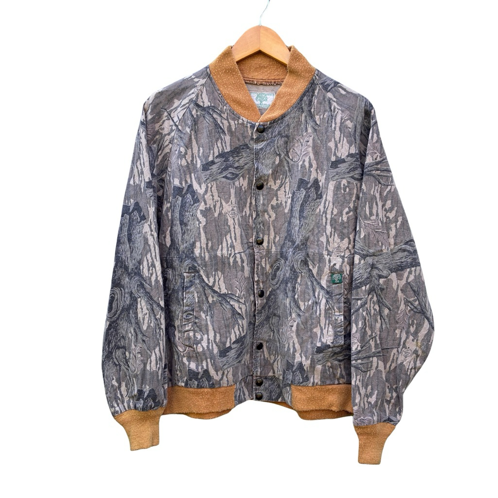 เสื้อแจ็คเก็ตวินเทจ Vintage 90s Mossy Oak Camo Camouflage Treestand  forest Leaves Button Bomber Jac