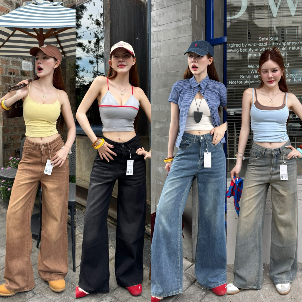 กางเกงยีนส์ขากระบอกใหญ่ ปลายขากว้าง เอวสูง พรางหุ่น สีสวยใส่สบาย(รหัส J06)