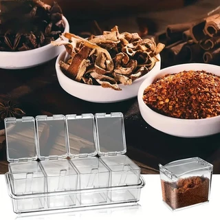 [พร้อมส่ง] กระปุกเครื่องปรุง 4 ช่องพร้อมฐานและช้อนกล่องอะคริลิคใสภาชนะปรุงรสในครัวเรือนเกลือกล่องเครื่องปรุงรสใส