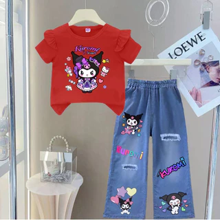 Pinkชุดตามกระแส ชุดเซ็ทเด็ก เสื้อแขนปีกนก+กางเกงยีนส์เทียม (ผ้าฝ้ายโพลี)