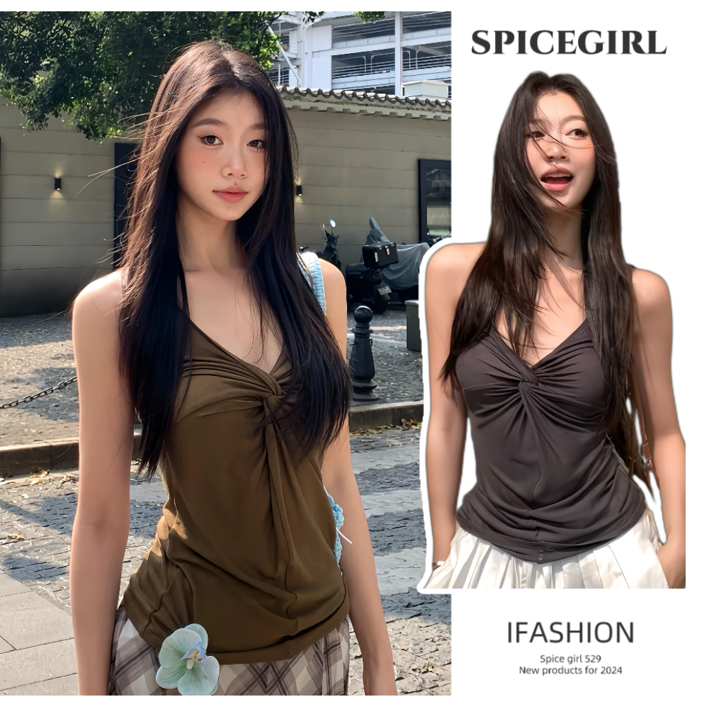 🎄Spice girl🎄เสื้อสายเดี่ยว สายคล้องคอ การออกแบบผูกมัด มี2สี ฝ้าย100% หนากำลังดี มีความยืดหยุ่นสูง แฟชั่นของผู้หญิง