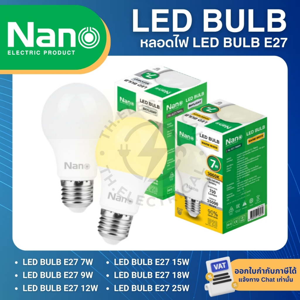 NANO หลอดไฟ LED BULB ขั้ว E27 7W 9W 12W 15W 18W 25W แสงขาว 6500K แสงวอร์ม 3000K หลอดประหยัดไฟ
