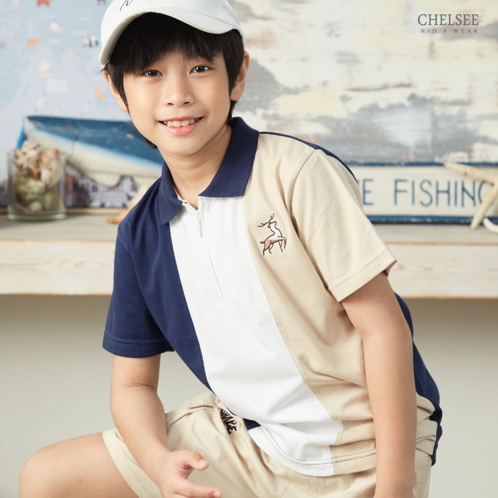 Chelsee เสื้อโปโล แขนสั้น ตัดต่อสี ปักลายกวาง เรียบๆ อายุ 1.5-10 ปี ผ้า 100%Cotton เด็กผู้ชาย เสื้อผ้าเด็กโต รุ่น 128209