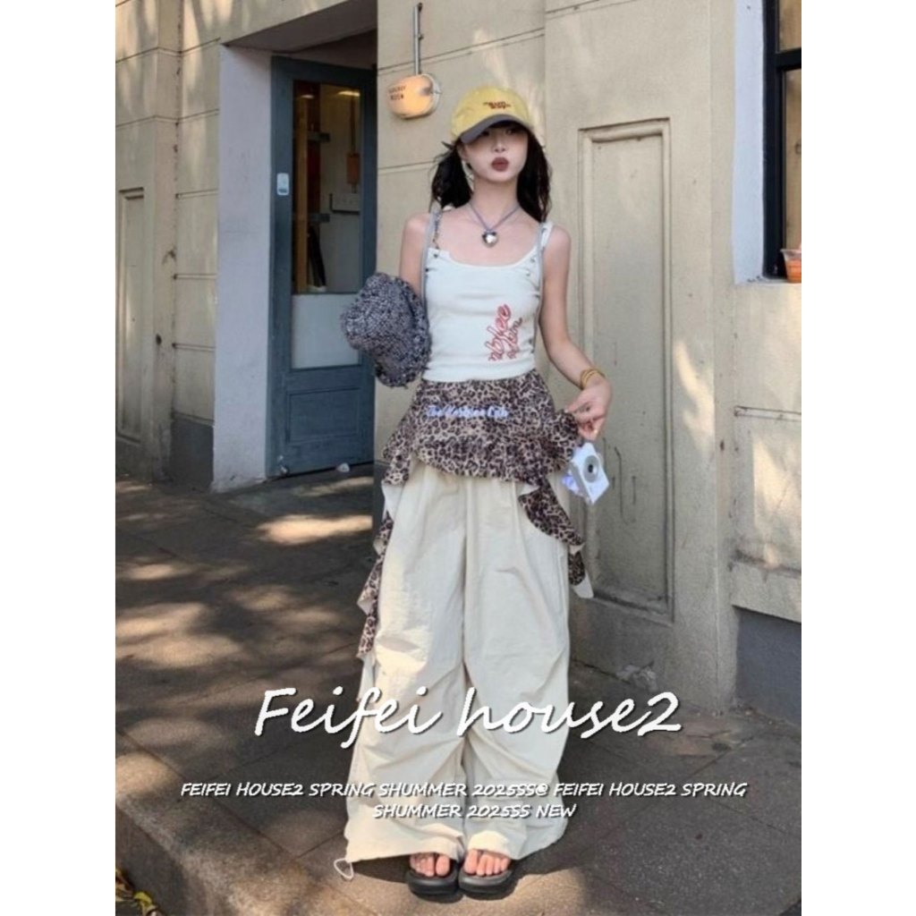 [Summer leopard Splicing wide-leg pants]กางเกงขากว้างจีบเอวสูงลายเสือดาวสไตล์อเมริกันสำหรับผู้หญิง