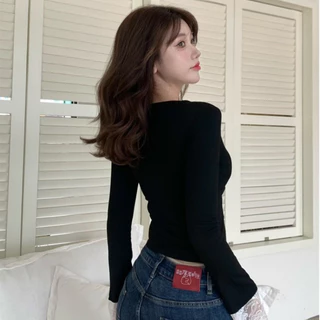 Kitty พร้อมส่ง🌸เสื้อยืดแขนยาว เสื้อลูกไม้สองชั้นติดกัน คอวี มีเชื่อกผูกโปว์ได้ ทรงเข้ารูป ใส่แล้วดูผอม ไปคาเฟ่ แฟชั่น