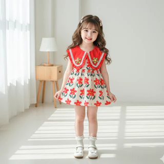 Babyonline(Y463)D5 (ส่งด่วน1วัน)ชุดเดรสกระโปรงแขนกุดลายดอกไม้สำหรับเด็กผู้หญิง ผ้าฝ้าย มีซิปหลัง