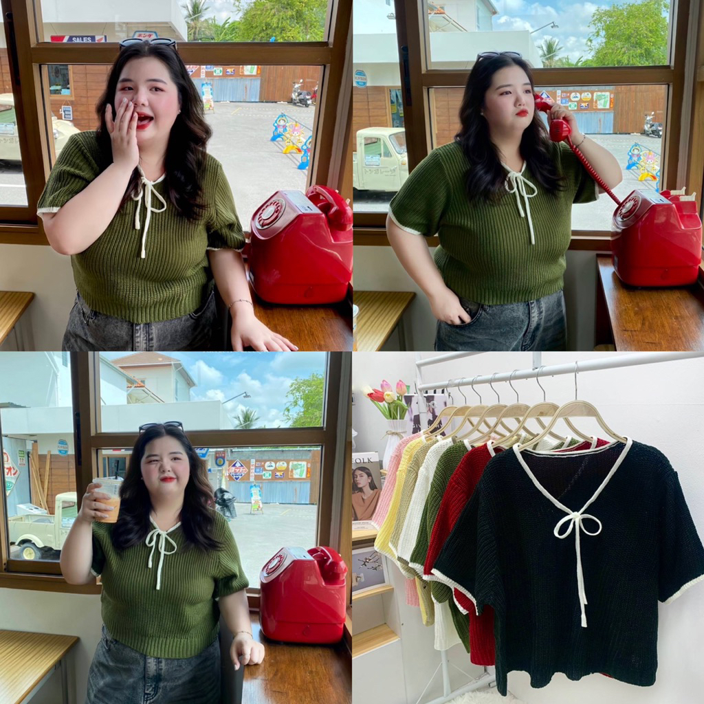 Lilly knitt เสื้อไหมพรมแขนสั้นคอวีผูกโบว์ Bigsize อก 40-52+