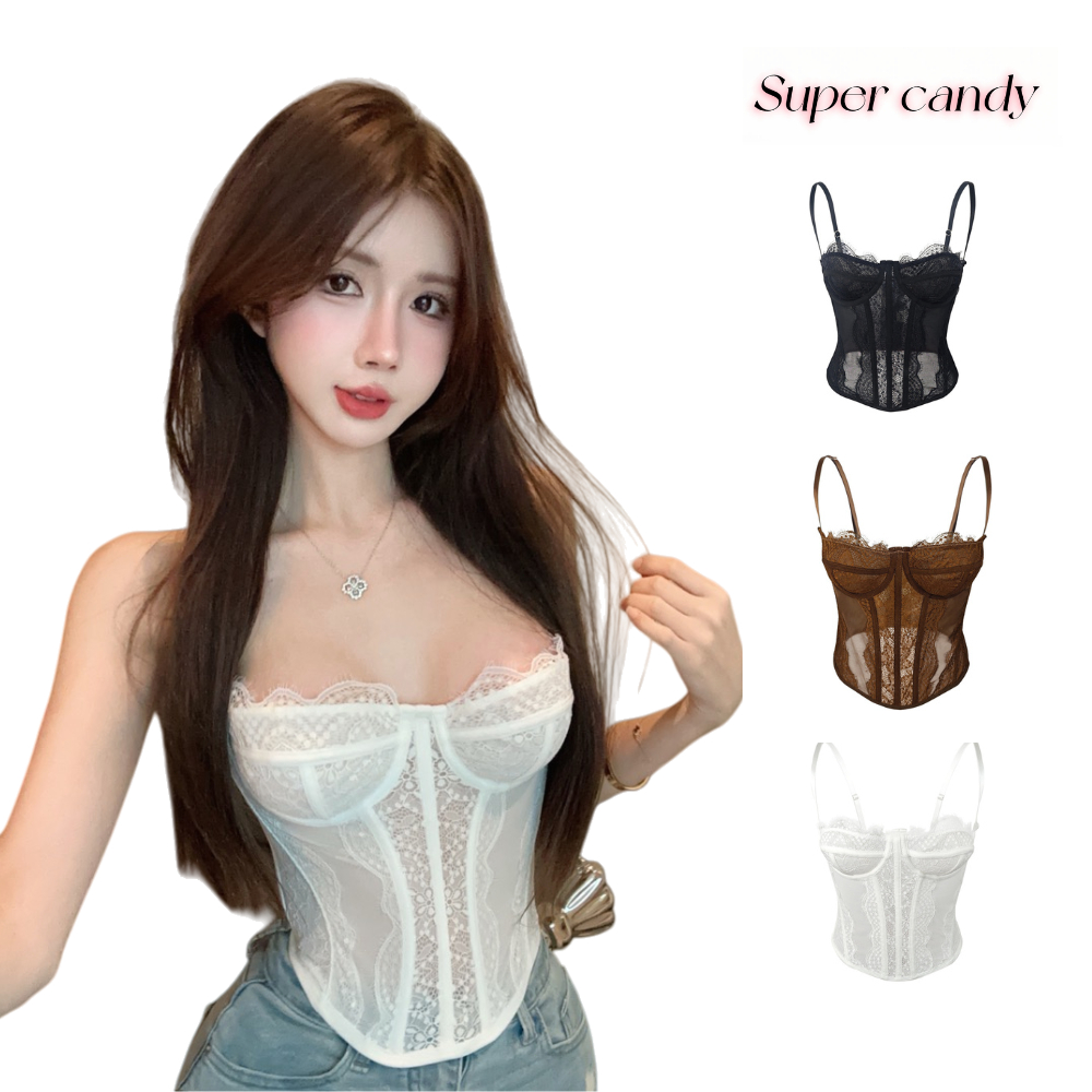 SuperCandy🌷สวมสายเอี๊ยมไว้ข้างนอก  พร้อมแผ่นรองหน้าอกและแหวนเหล็ก ลูกไม้ขนตา ซีทรู เสื้อคลุมสลิง สำหรับสาวๆ2