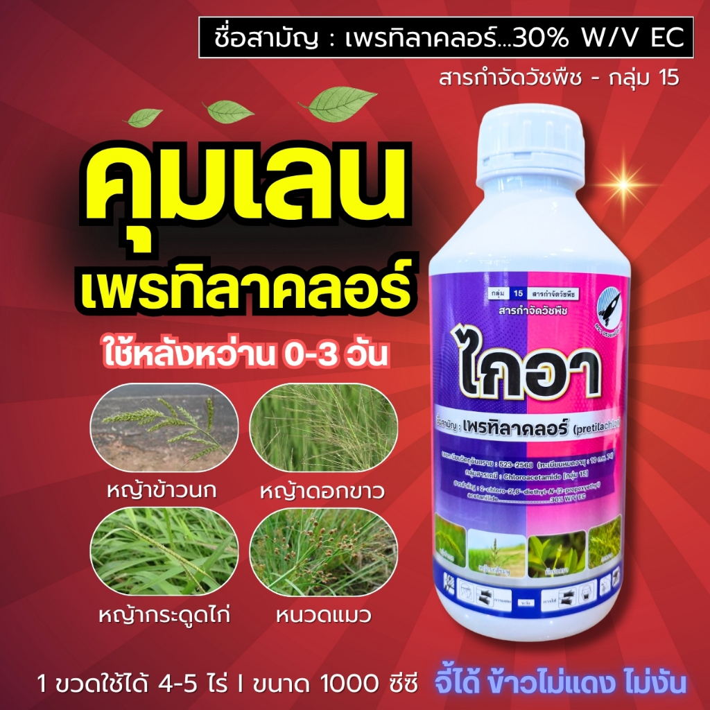 ไกอา (เพรทิลาคลอร์ 30%) คุมเลน-คุมตม อย่างดี! คุมหญ้าดีมาก ฉีดหลังหว่านข้าว 0-3 วัน *ข้าวไม่แดง* : 1 ลิตร