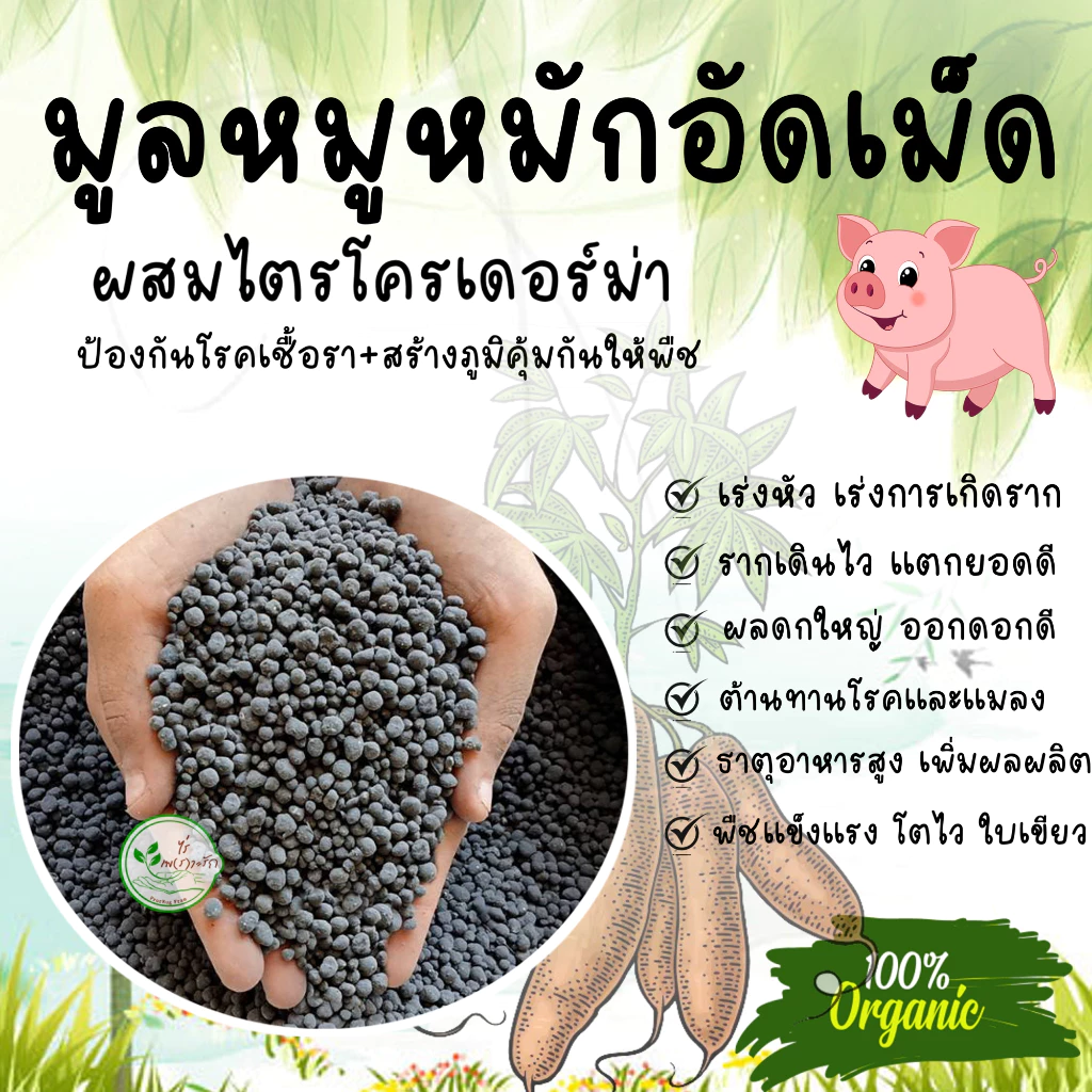 มูลหมูอัดเม็ด เกรดA ละลายไว หมักEM ไร้กลิ่น ** ผสมไตรโครเดอร์ม่าลดการสะสมโรคพืช ** ขี้หมูอัดเม็ด เร่งรากเร่งหัว