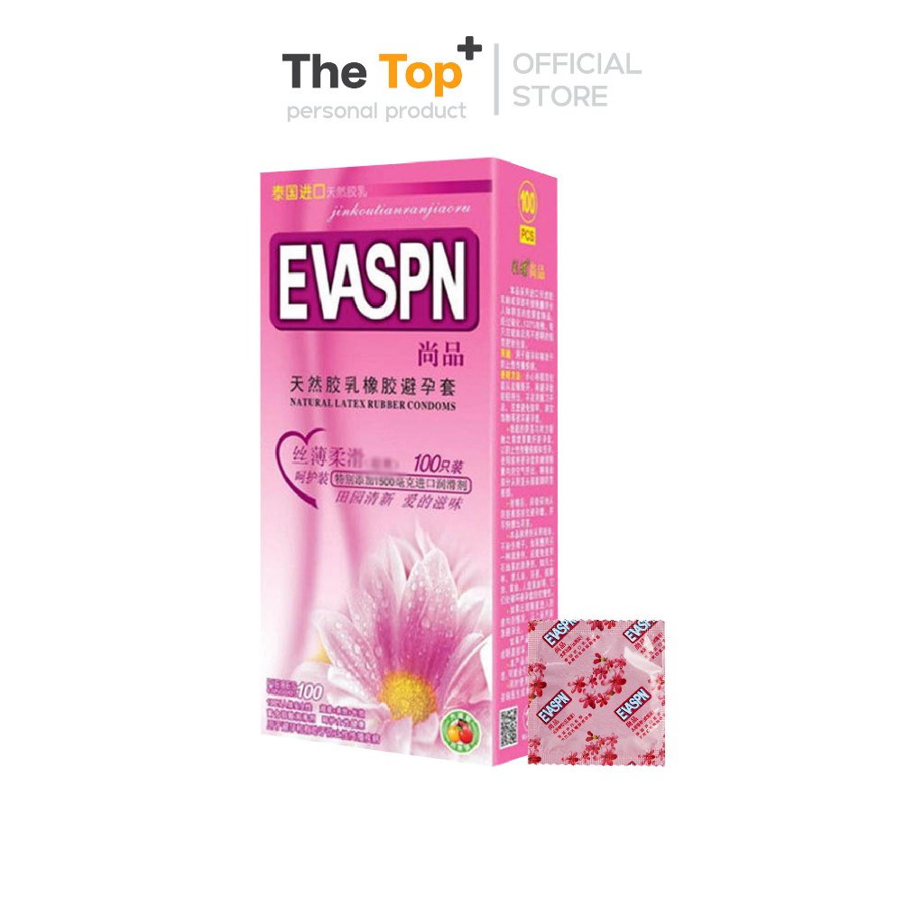 EVASPN ถุงยางอนามัย 100 ชิ้น หอมกลิ่นเบญจมาศ หอมระดับ 5X หล่อลื่นไฮยาลูรอน 1,500 มก. ไซส์ 52±2 มม.