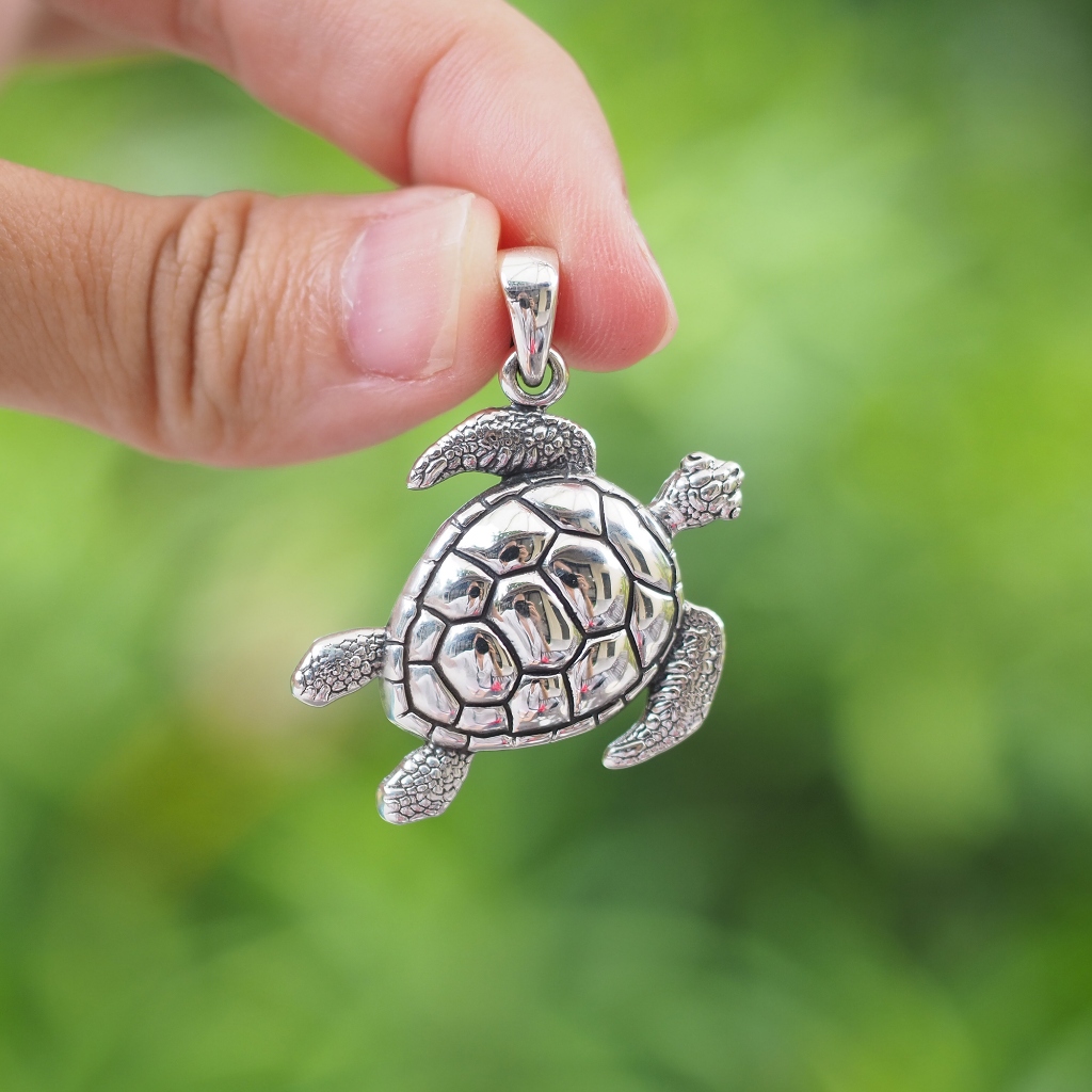 จี้เต่าทะเล จี้เต่าขนาดใหญ่ จี้เงินแท้ 92.5% จี้สร้อยคอ Sea Turtle Pendant ฟรีผ้าเช็ดเงิน / GDS38