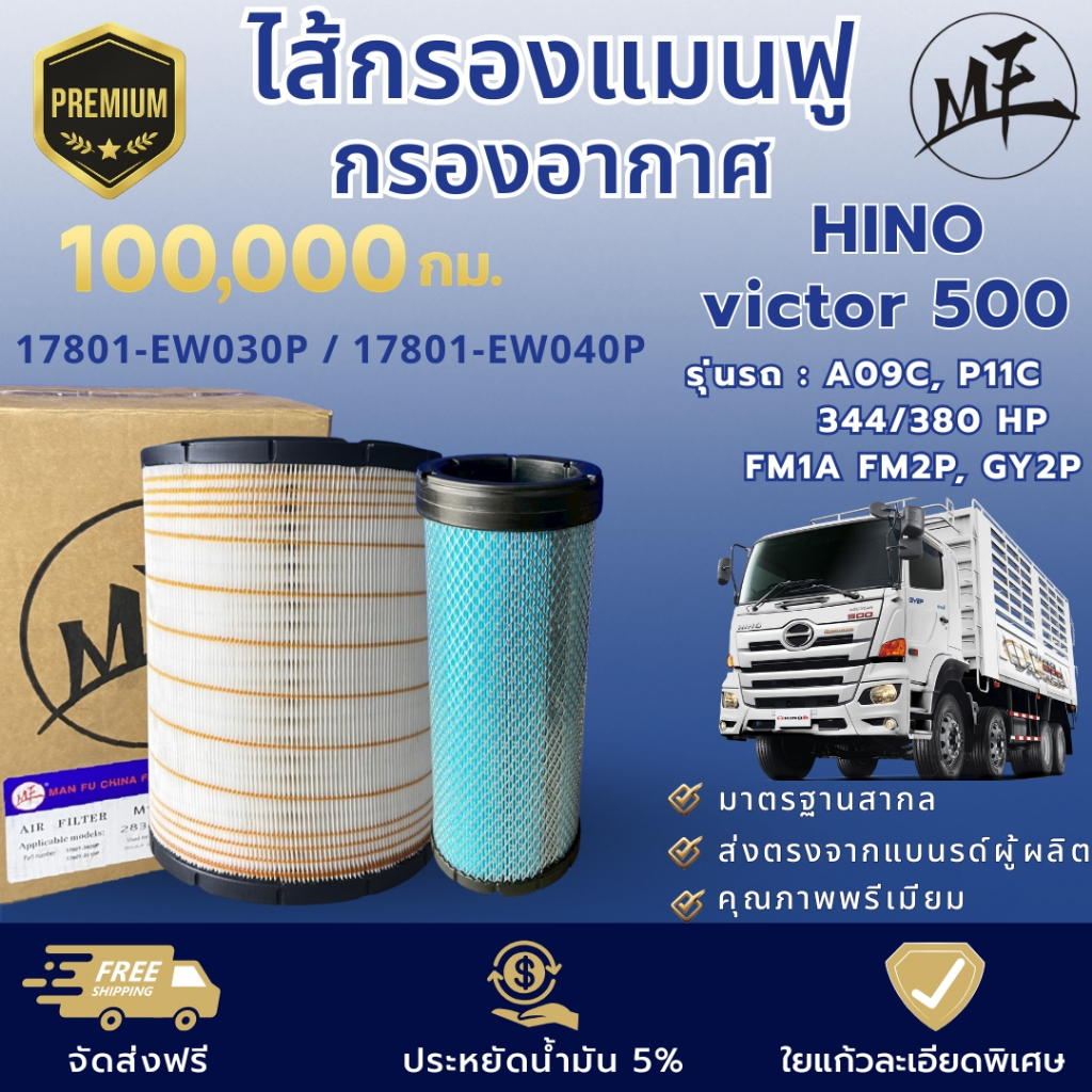 ไส้กรองแมนฟูกรองใยแก้ว กรองอากาศ HINO Victor500 (A09C, P11C) #17801-EW030P / 17801-EW040P