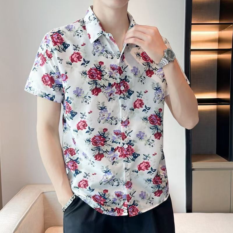 เสื้อฮาวายลายดอก เสื้อวินเทจ เสื้อแฟชั่นผู้ชาย เสื้อฮาวาย ผู้ชาย ผ้าไฟเบอร์ 3 สี M - 3 xl