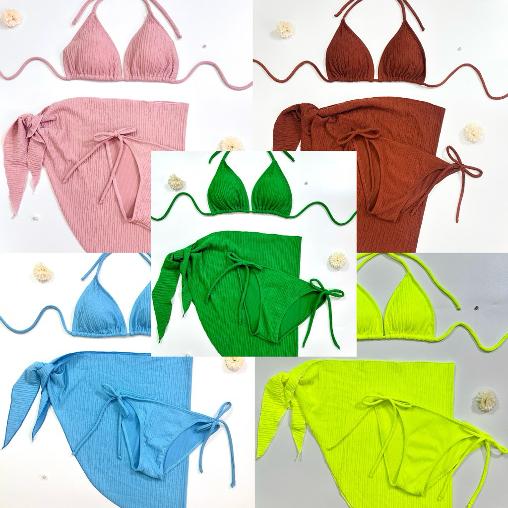 CKB017 ชุดบิกินี่3ชิ้นผ้าผูกผ้าเปลือกไม้ใส่สบายมีฟองน้ำ