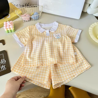 Babyonline(Y488)B3 (ส่งด่วน1วัน)ชุดเซ็ตแฟชั่นเด็กเสื้อแขนสั้นคอปกกางเกงขาสั้นลายสก็อต น่ารัก