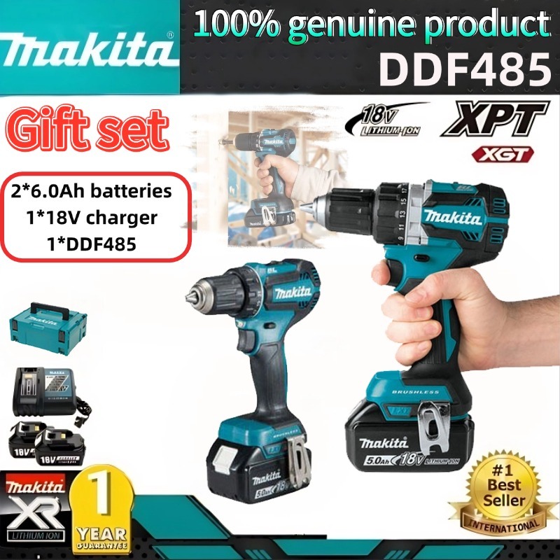 Makita DDF485 สว่านไฟฟ้าแบบไม่มีแปรง, สว่านไฟฟ้าแบบไร้สาย 18V6.0Ah แบตเตอรี่ลิเธียมแบบชาร์จไฟได้, เค