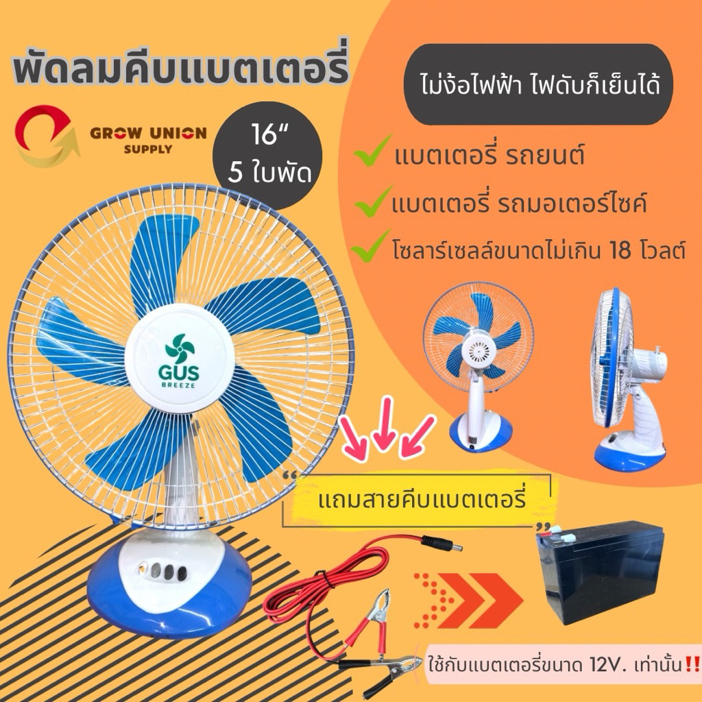 GUS BREEZE พัดลม DC 12V 16" ใช้ต่อกับแบตเตอรี่/โซล่าเซลล์ เหมาะใช้เวลาไฟดับ/นอนนา/แค้มปิ้งCamping สีน้ำเงิน