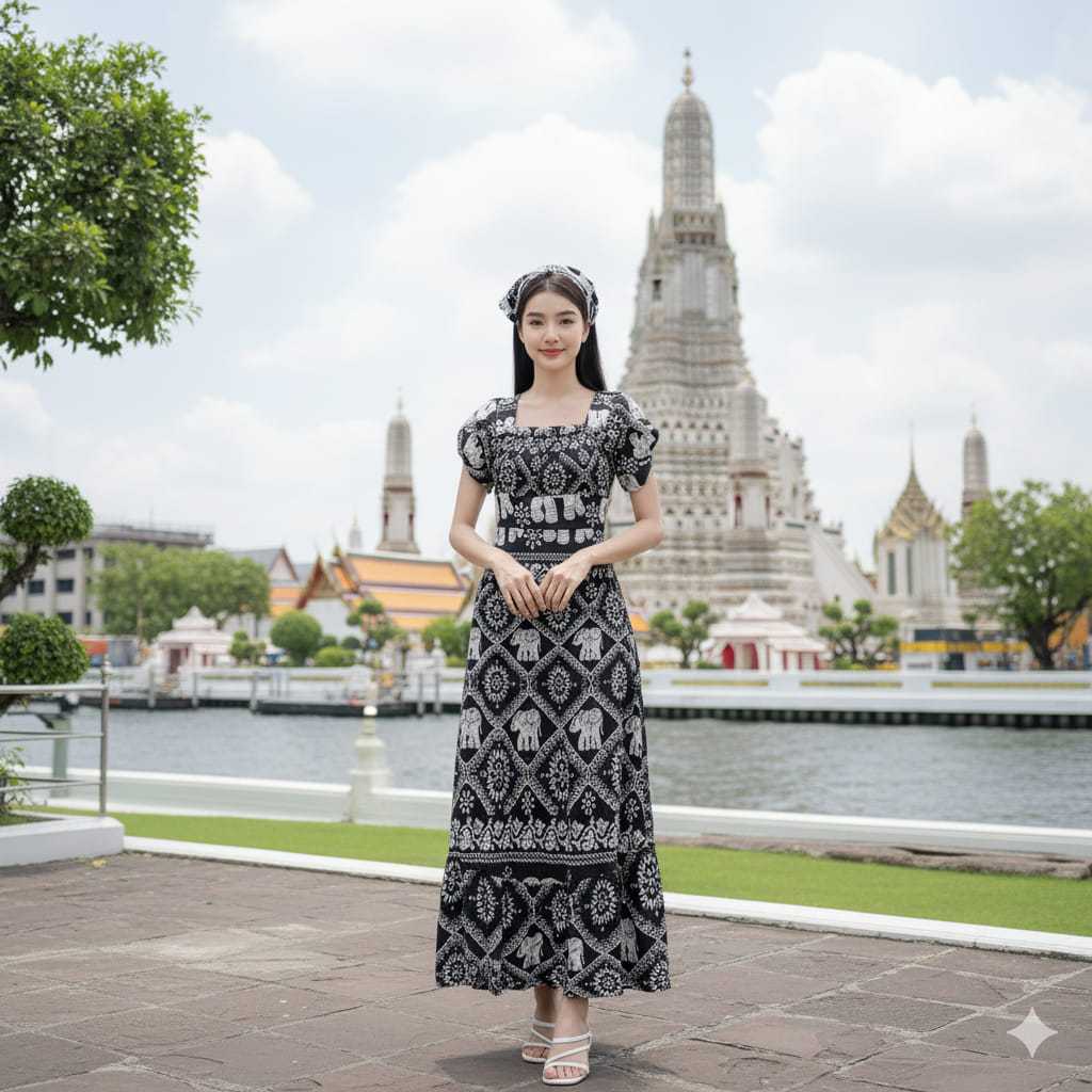 ชุดเดรสช้าง ผ้าไหมอิตาลี แถมผ้าคาดผม