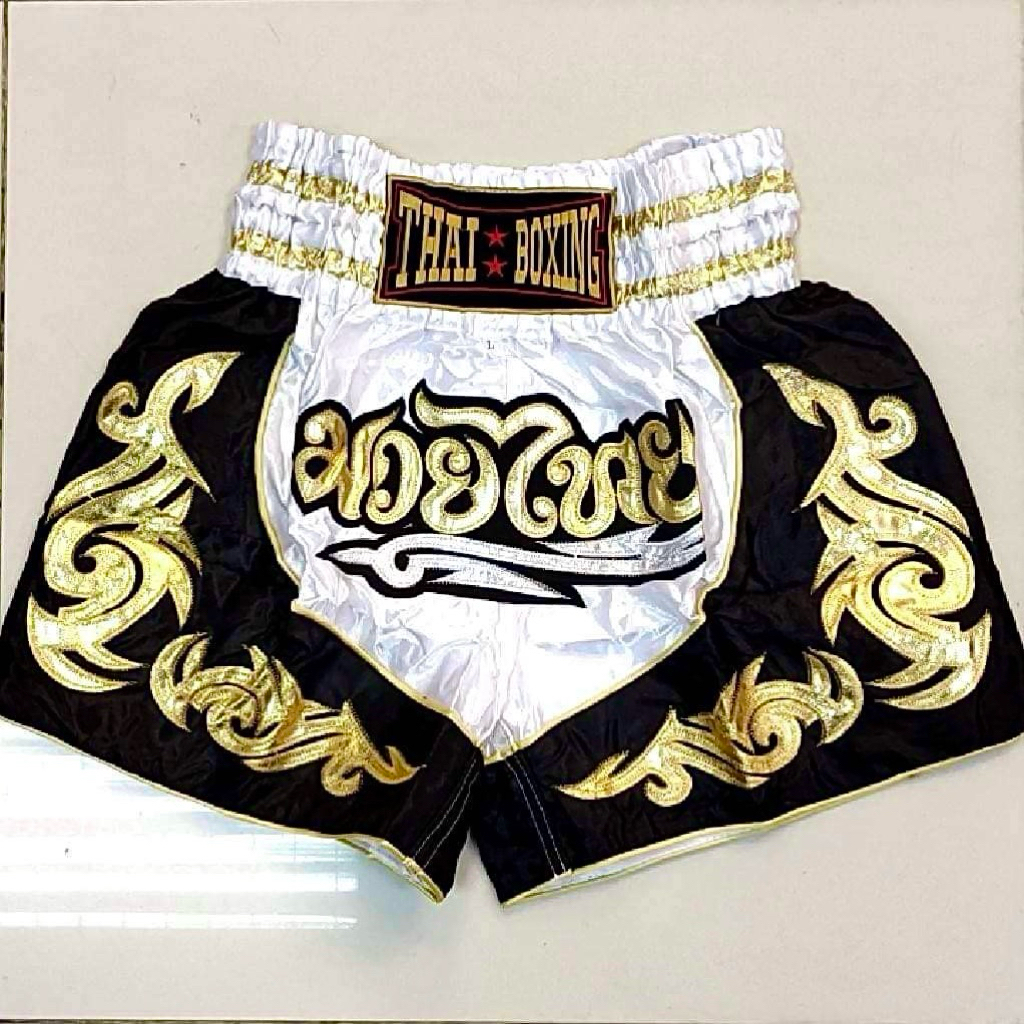 กางเกงมวยไทยของผู้ใหญ่ (Muay Thai) ผ้าซาตินอย่างดี ปักอักษรมวยไทยด้านหน้า  ปักลายไทยด้านข้าง  สีสันสวยงาม - รูปที่ 3