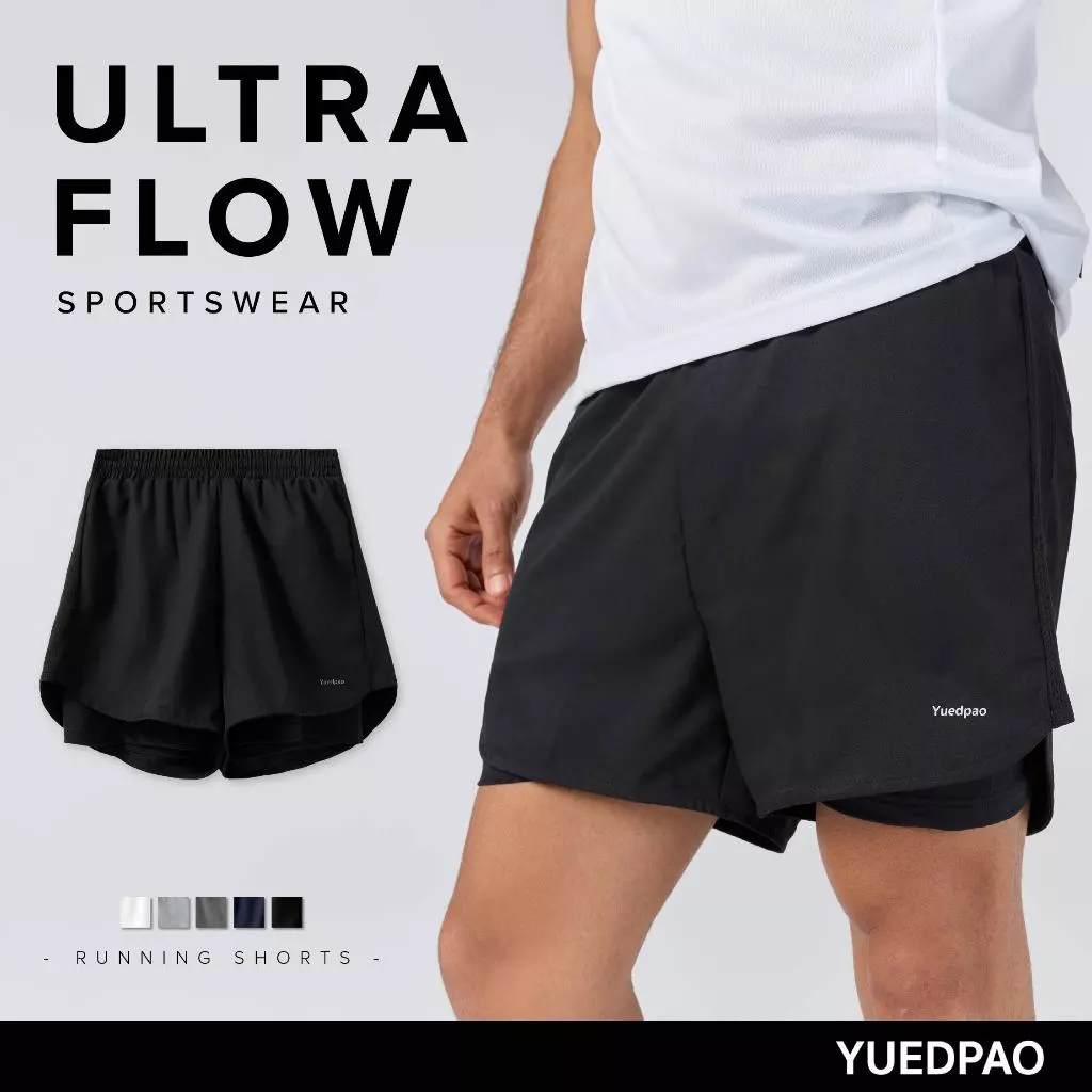Yuedpao Sportswear - Running Shorts 2025 กางเกงออกกำลังกายขาสั้น กางเกงวิ่ง 2in1 มีซับใน พร้อมกระเป๋าด้านข้าง (5 สี)
