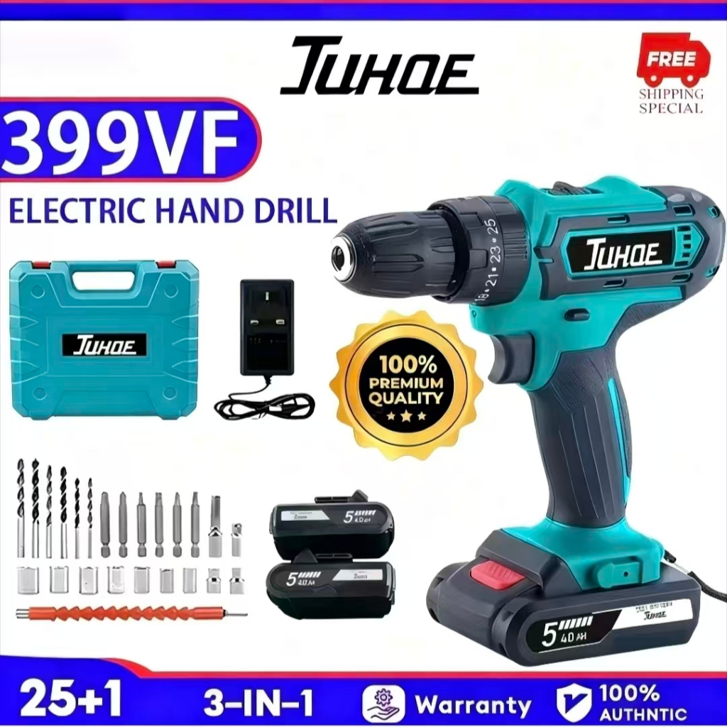 JUHOE สว่านไร้สาย 399V 550N.M สว่านแบต เจาะกระแทกได้ เจาะกระแทก เจาะไม้ เจาะคอนกรีต เจาะเหล็กได้