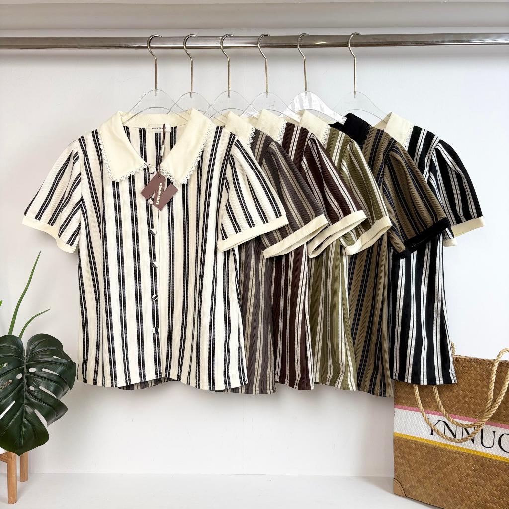 (T916)งานเสื้อคอปกลูกไม้ลายทางกระดุมจริงผ้านิ่มมาก