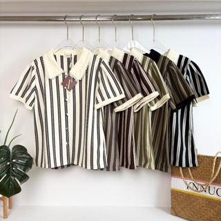 (T916)งานเสื้อคอปกลูกไม้ลายทางกระดุมจริงผ้านิ่มมาก