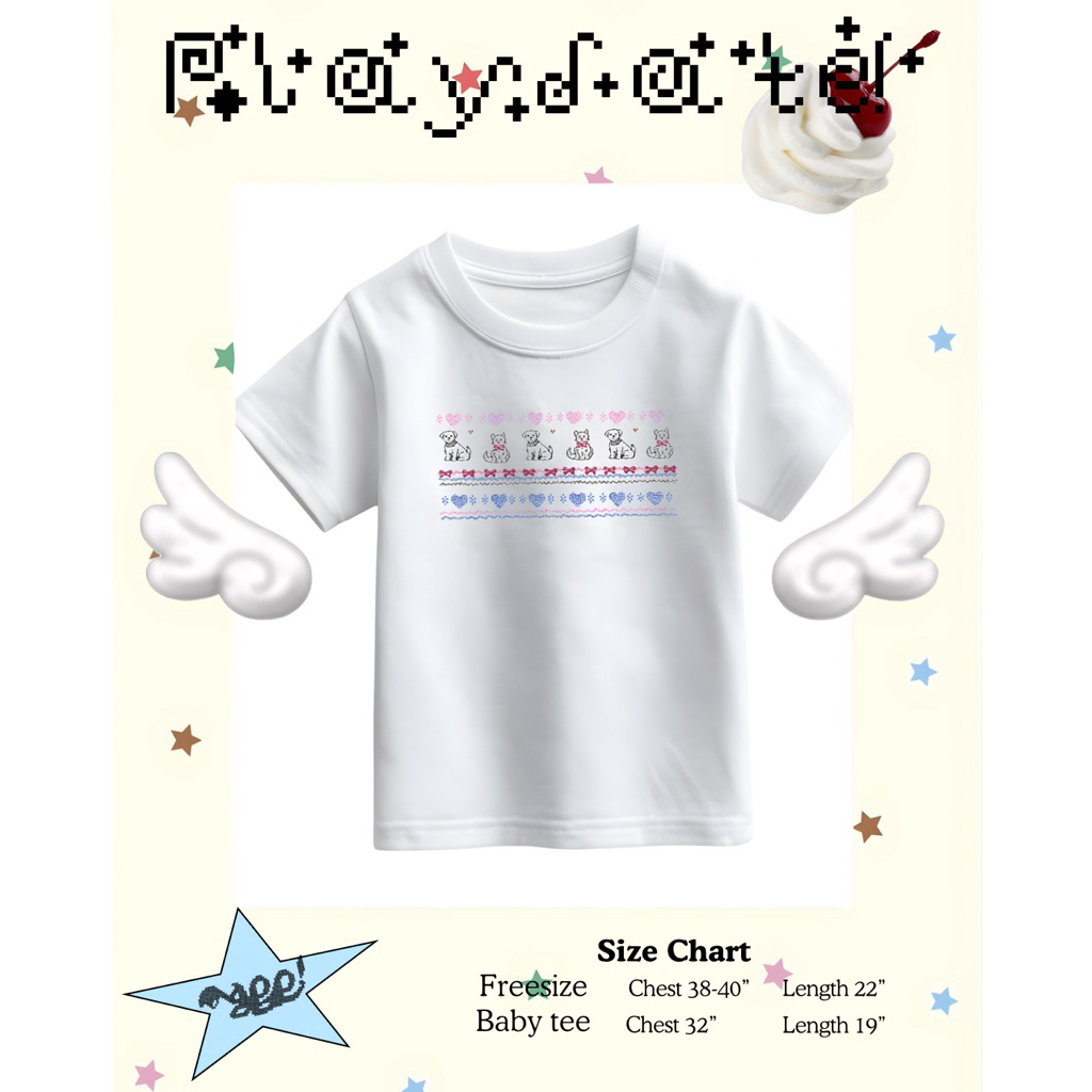 Mappi Playdate Pixel Cat Tee เสื้อยืดลายแมวคิ้วท์ สไตล์เกาหลี Y2K ผ้าคอตตอน 100% มีไซซ์ Baby Tee / F