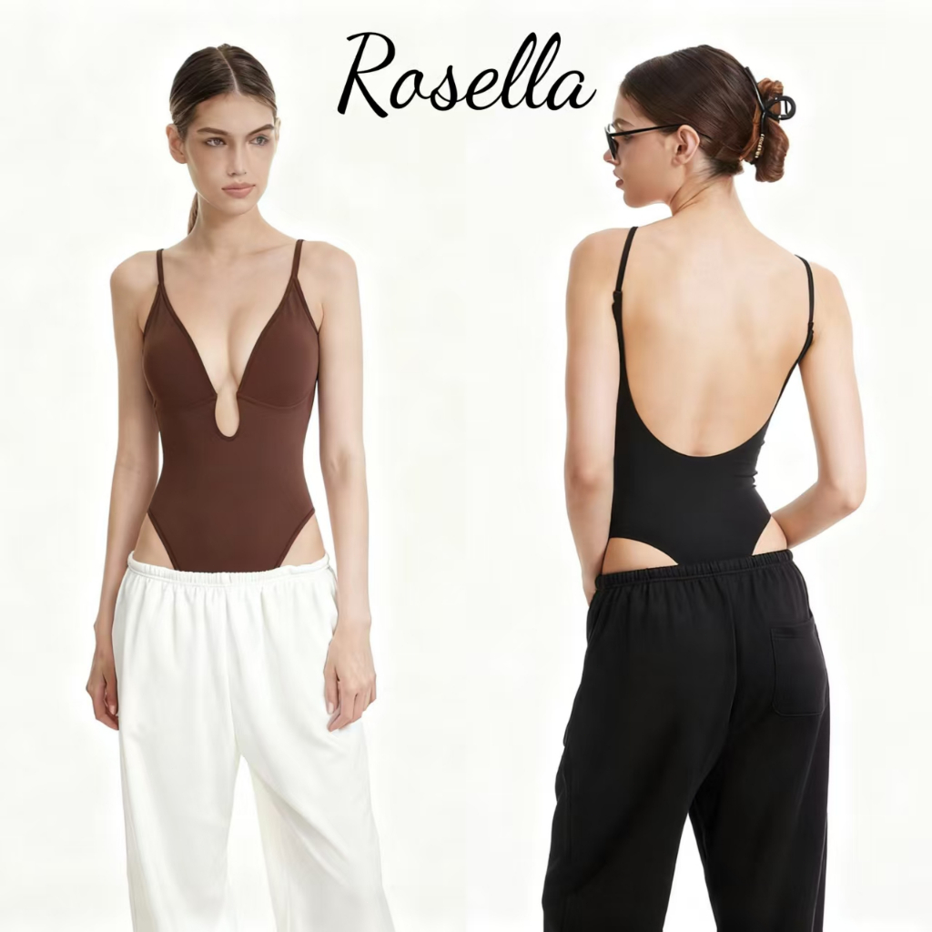 Rosella【สินค้าใหม่👗】บอดี้สูทคอวีลึกสไตล์สตรีทอเมริกันสุดเซ็กซี่ เสื้อรัดรูปเข้ารูปเข้าเอว