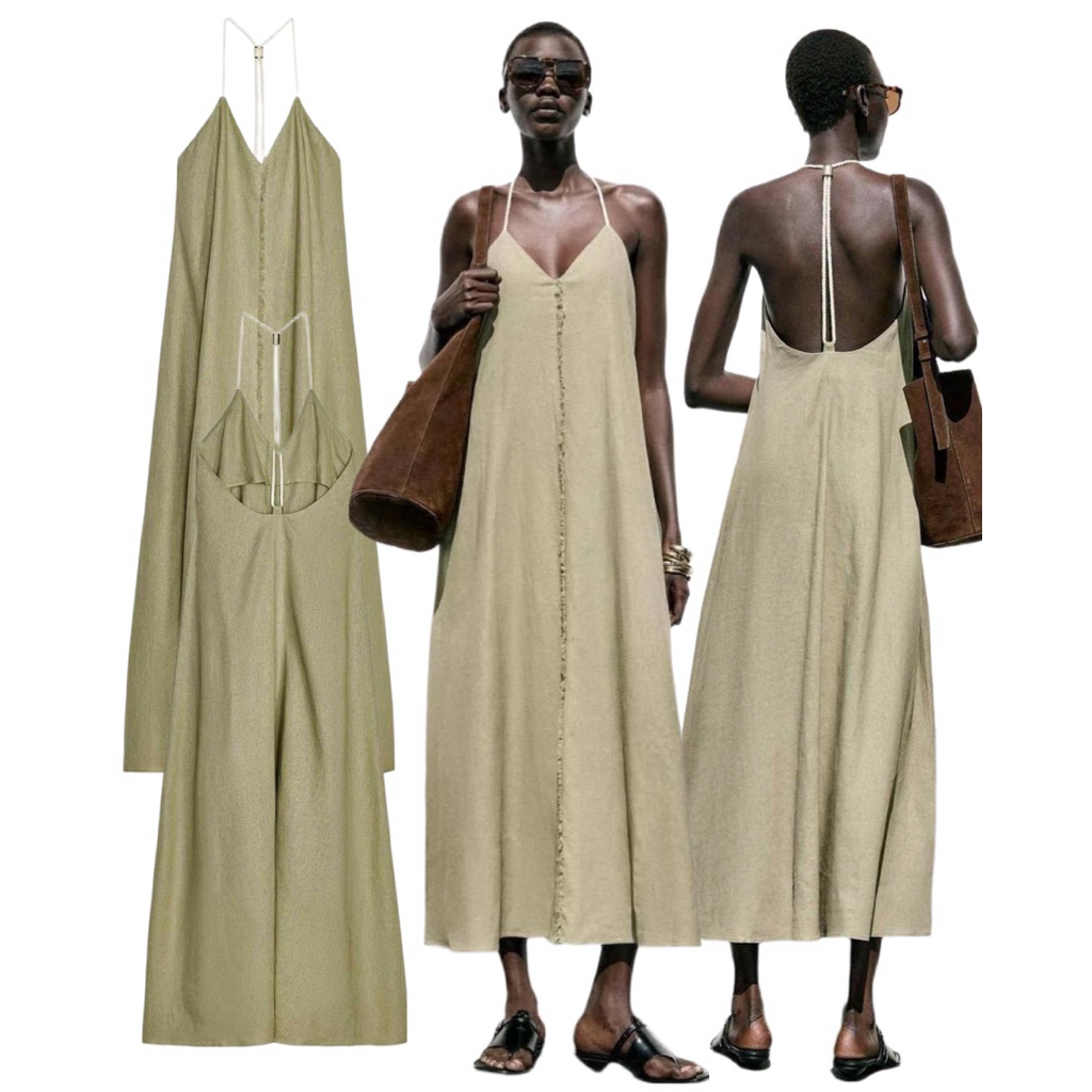 (ของแท้💯) Zara linen blend midi dress เดรสตัวยาว ผ้าลินิน สี Sand Stone