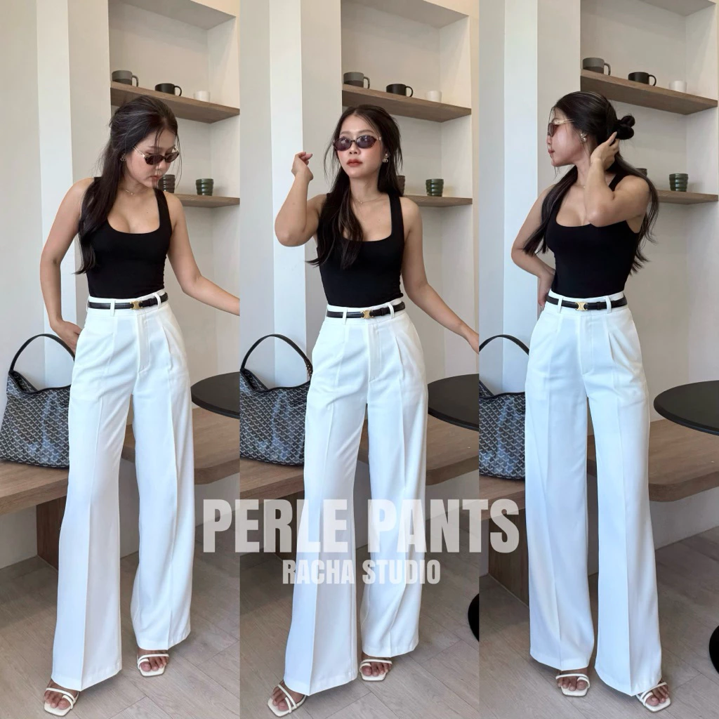 PERLE PANTS : กางเกงผ้าพริ้วทิ้งตัว เอวสูงทรงพรางหุ่น (1จีบเย็บปล่อย) พร้อมส่ง S-XL