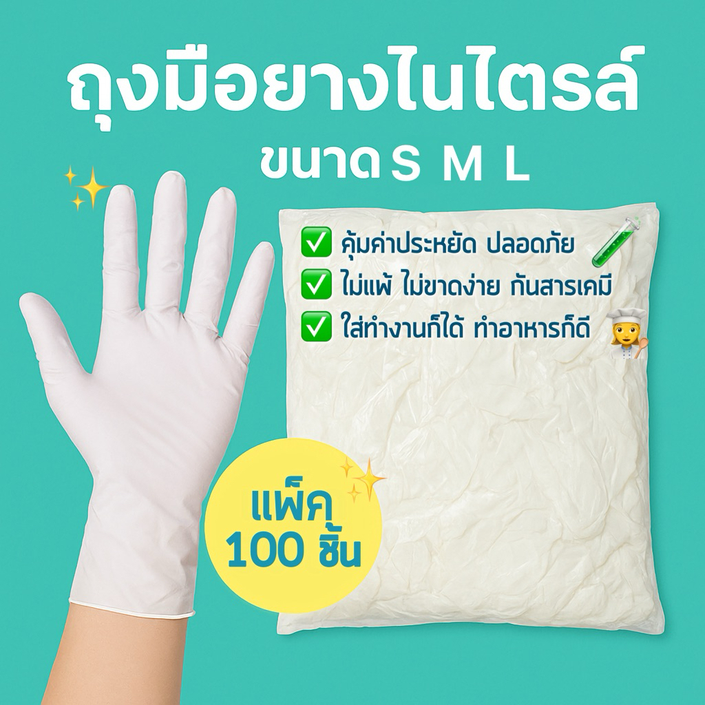 ถุงมือ PVC ไนไตรสีขาว **ข้อยาว**ถุงมือทำอาหาร เก็บขี้ยาง เกรดเอ งานแพค100ชิ้น