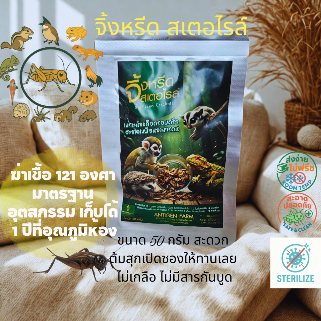 จิ้งหรีดต้มสเตอไรล์ Antigen Farm อาหารโปรตีนสูง ปลอดภัย เก็บง่าย สำหรับสัตว์เลี้ยง